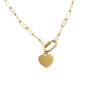 Minimalist gold heart pendant necklace with trendy rectangular link chain and lobster clasp
