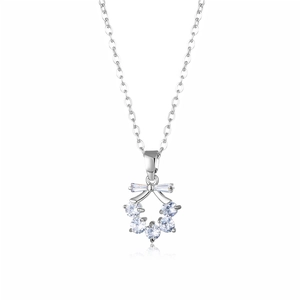 Silver bowknot pendant necklace with zircon crystals on high polished titanium steel