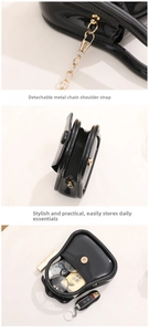 Detail of mini black PVC jelly bag with detachable gold chain and interior storage capacity