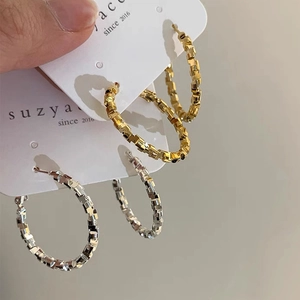 Geometric textured hoop earrings with square block pattern in gold and silver finish