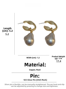 Detailed size view showing 5.2 cm length irregular pearl earring with S925 silver needle