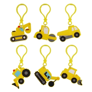 Cute cartoon construction vehicle keychain set featuring yellow PVC tractor and excavator