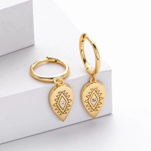 French vintage S925 silver gold hoop earrings with evil eye teardrop pendants and clear gems