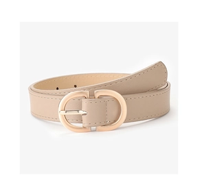 Detail of beige leather belt with gold double D-shaped metal buckle and stitching