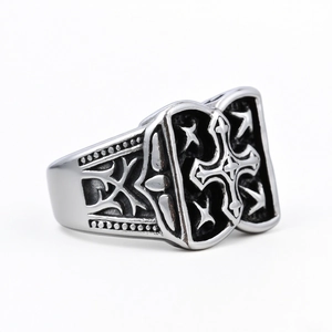 Retro stainless steel men's ring with gothic cross and oxidized silver relief design