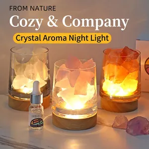 Crystal stone aromatherapy lamp set with wood base and essential oil in glass cup