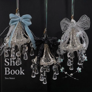Crystal Glass Chandelier Hanging Ornament With Velvet Bow And Feather For Christmas Tree Home Decor Elegant Pendant