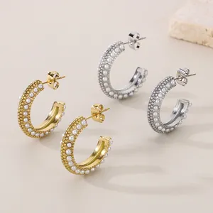 French Retro C-Shaped Hoop Earrings Stainless Steel Shell Artificial Pearl 18K Gold Plated Light Luxury Jewelry For Women