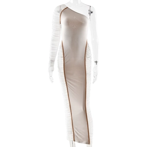 Sleek white one-shoulder long sleeve maxi dress with contrast paneling and ruching details