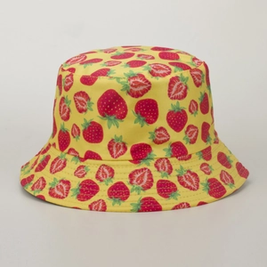 Chapeau bob jaune en coton imprimé fraise pour femme avec large bord pour protection solaire