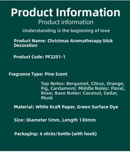 Detailed specifications of pine scented Christmas sticks with material and size details