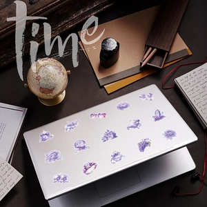 Purple vintage watercolor PET stickers decorated on a silver laptop with floral patterns