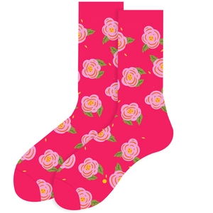 Detail of knit floral socks in rose red with pink flower patterns on white background