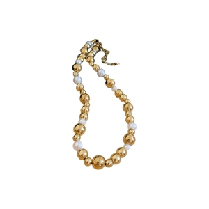 Elegant gold metal beads and white faux pearls choker necklace with lobster clasp