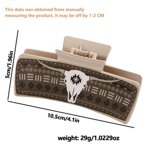 Faux leather square hair claw clip with brown tribal pattern and white bull skull design