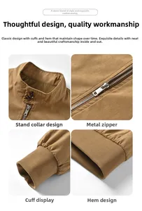 Makroansicht der khakifarbenen Jacke mit Stehkragen, Metallreißverschluss und Rippbündchen