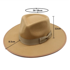 Detail view of khaki wool fedora hat with dimensions 8.5cm brim and 12cm height