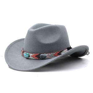 Detail of grey wool cowboy hat crown featuring ethnic woven band and turquoise stone inlay