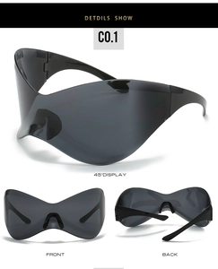 Detailed views of black oversized frameless Y2K wraparound sunglasses from multiple angles
