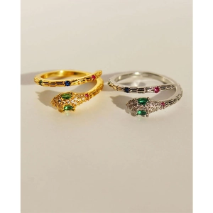European Personality Snake Open Ring Copper Colored Zirconia Micro Inlaid Animal Jewelry Adjustable Snake Bone Chain Ring
