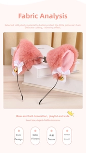 Detail of pink plush cat ears headband with white silk ribbons and golden bells