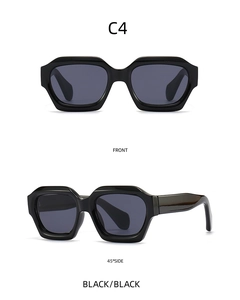 Front and side angles of black chunky polygonal sunglasses with dark tinted lenses