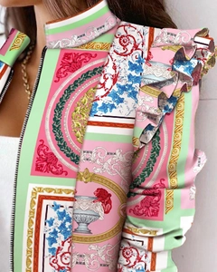 Vue détaillée de la veste baroque pour femme avec manches à volants et fermeture éclair