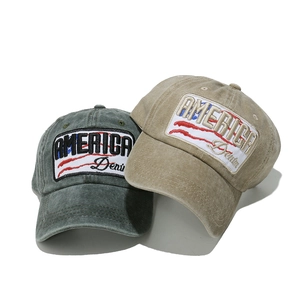 Vintage washed denim baseball caps with America embroidery in green and khaki