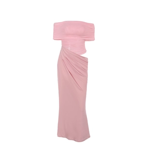 Elegant pink off-shoulder maxi dress with side waist cut-out and draped pleats detail