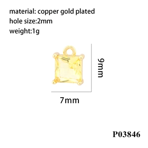 Detail of 18K gold-plated copper pendant with 9x7mm square yellow zircon stone inlay