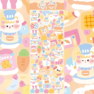 Detailed view of cute cartoon chef cat stickers with vibrant laser effect for DIY journaling