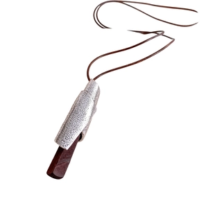 Vintage geometric metal and wood pendant necklace with industrial silver texture