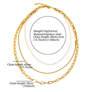 Three-layer 18K gold plated stainless steel necklace with white beads and chunky chain