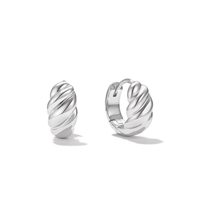 Polished silver twisted hoop earrings with a textured spiral design for a modern minimalist look