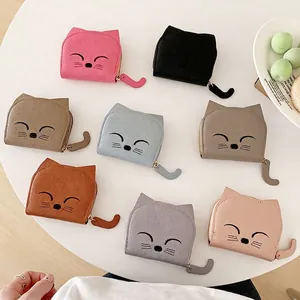 Multi-color cute cat themed short leather card wallets with cat tail zipper design
