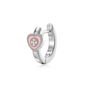 Silver heart hoop earrings with pink enamel inlay and cross detail on white background