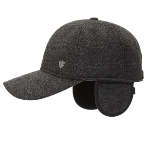 Men's winter baseball cap with fleece lining and ear flaps in dark grey textured fabric