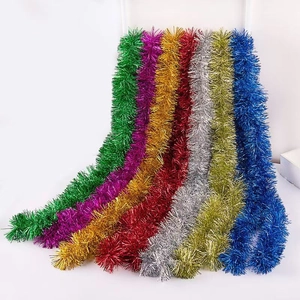 Vibrant 2-meter colorful tinsel garlands in green, gold, red, and blue for holiday decor