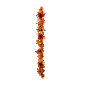 Ghirlanda autunnale verticale con foglie di acero, girasoli e zucche per Halloween e decoro