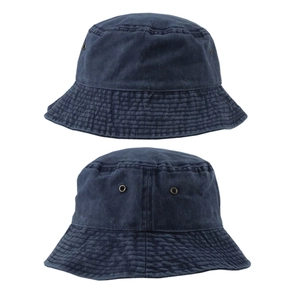 Close-up of deep blue denim bucket hat showing stitching details and breathable eyelets