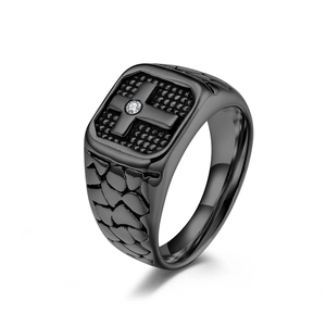 Men's matte black stainless steel square signet ring with cross and cubic zirconia