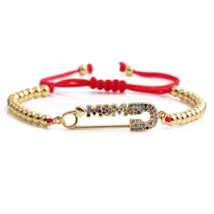 Modisches MOM Zirkon Gold Sicherheitsnadel Armband mit rotem Seil und Perlen