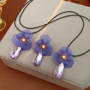 Purple Flower Necklace And Earrings Alloy Crystal Water Drop Pendant Jewelry With Silver Earring Post Elegant For Women