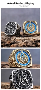 Detailansicht eines Freimaurer-Edelstahlrings mit Strasssteinen und Vintage-Gravuren