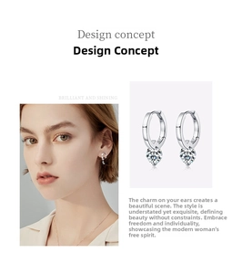 Detailed view of S925 sterling silver moissanite hoop earrings on a model and close-up