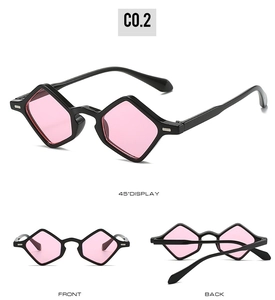 Three views of pink geometric sunglasses showing 45-degree angle, front and back design