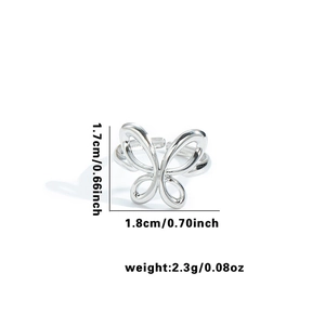 Detailed size chart for silver butterfly ring with height 1.7cm and width 1.8cm