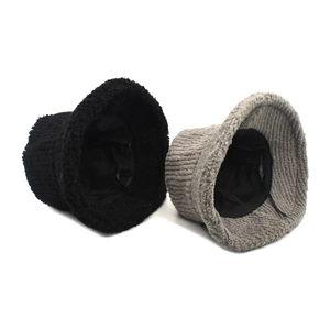 Corduroy striped bucket hat for women in black and grey, warm winter lamb wool lining