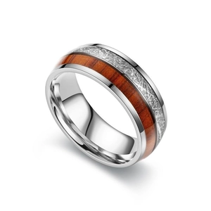 Bague vintage pour hommes en acier inoxydable avec grain de bois et incrustation