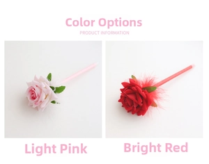 Detailed view of artificial rose flower ballpoint pens in pink and red color options